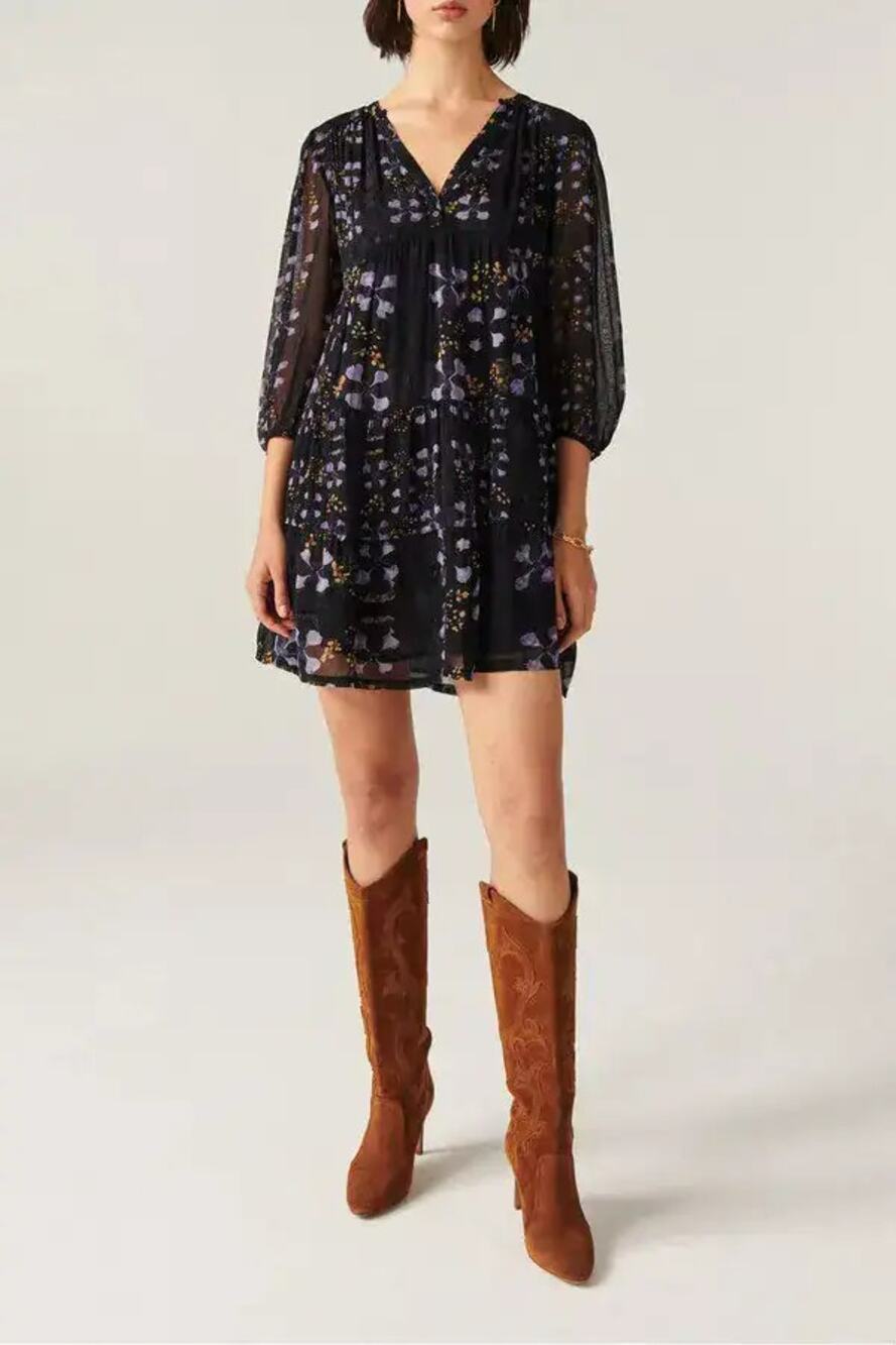 ba&sh Hyana Floral Babydoll Dress Boho Cottagecore Size 6 Sheer Black